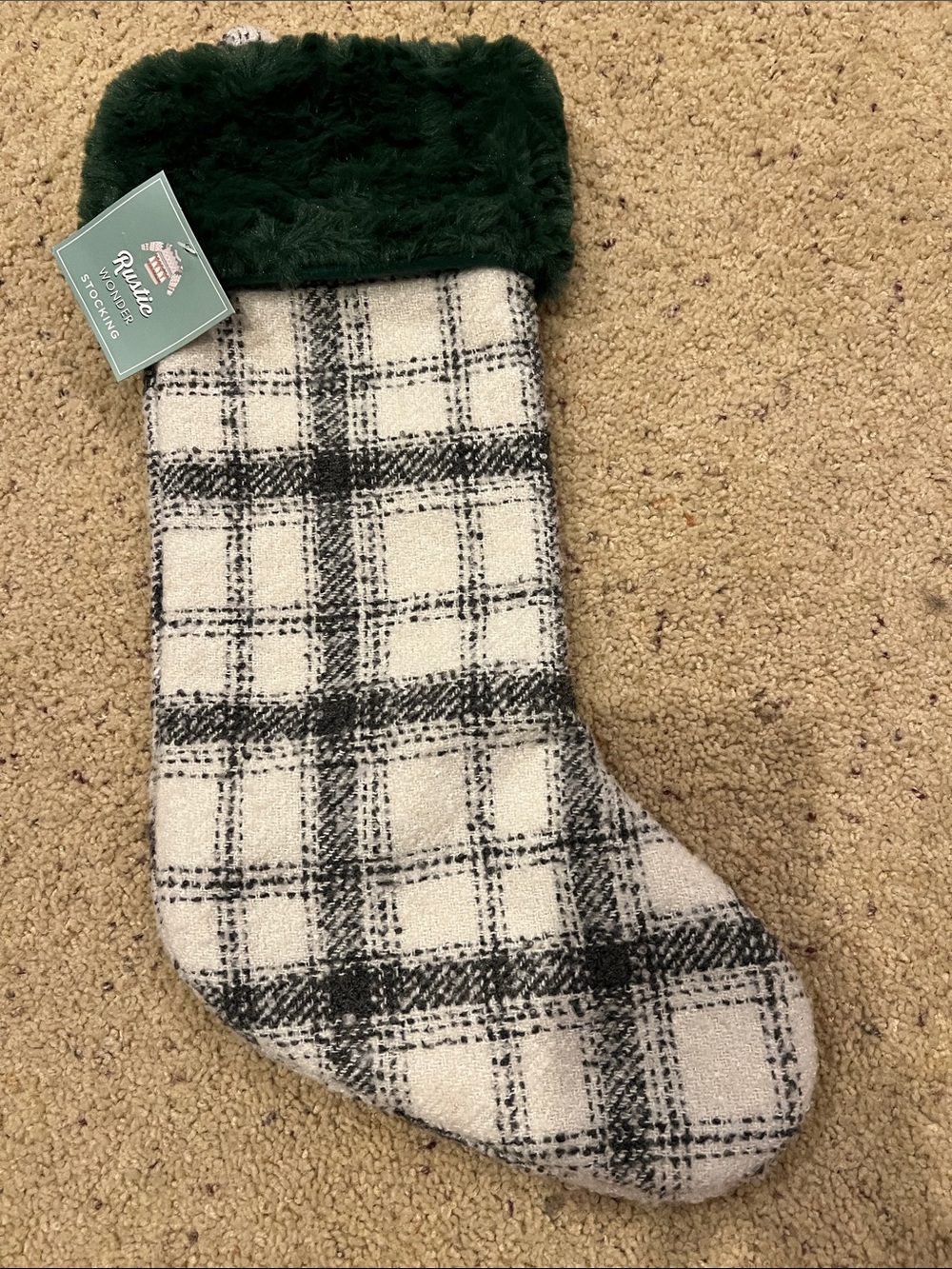 St. Nicholas Square Green Faux Fur Cuff & Black Plaid Stocking
